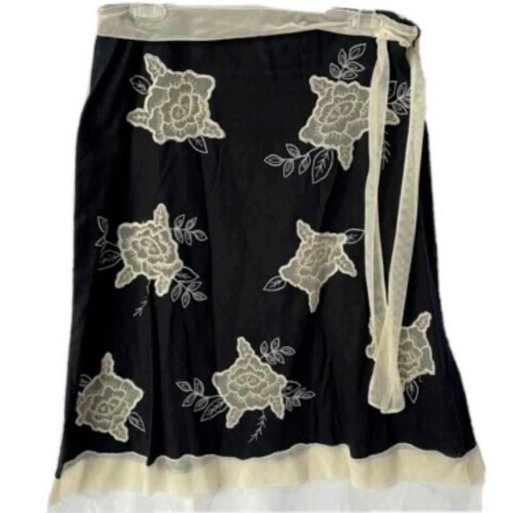 Odille bohemian cotton flare black and tan lace embroidered floral skirt Sz 6